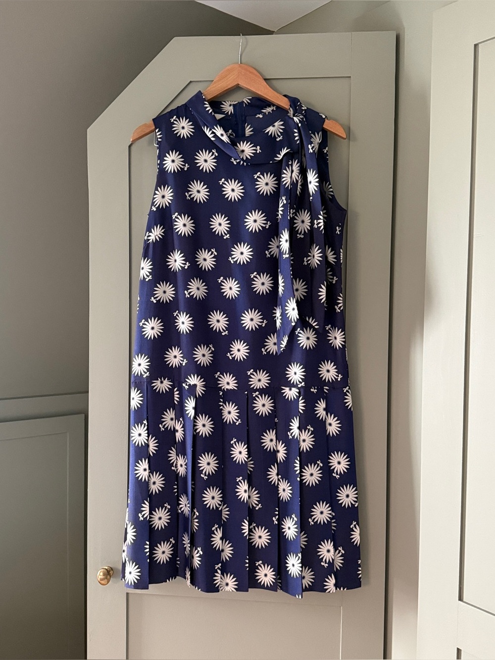 Vintage Swedish Sleeveless Navy Floral Tie-Neck Dress